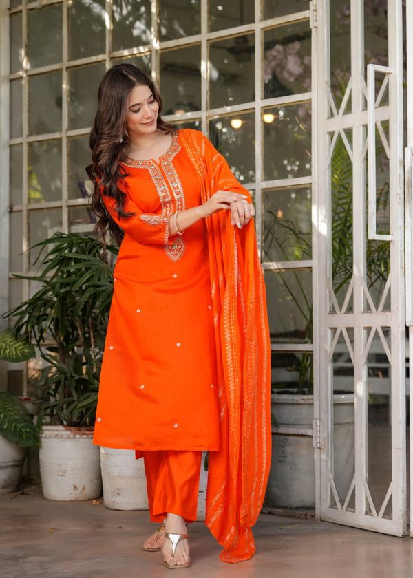 Designer Orange Chanderi Threadwork Kurta Set With Dupatta