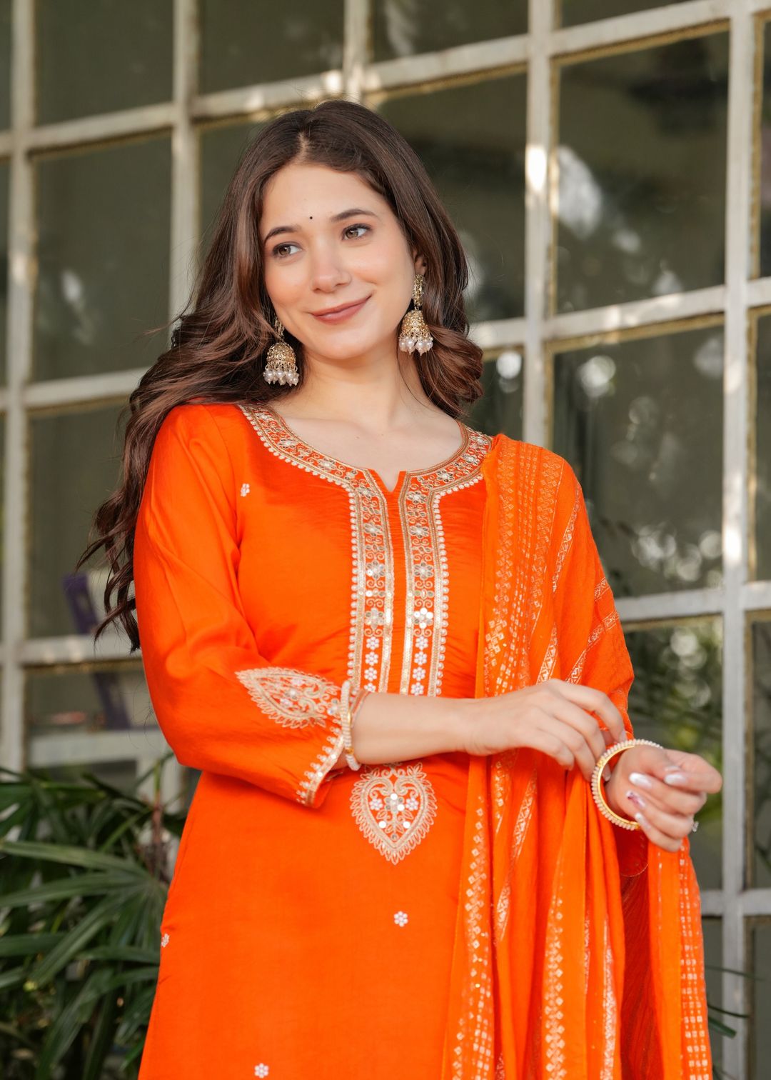 Designer Orange Chanderi Threadwork Kurta Set with Dupatta