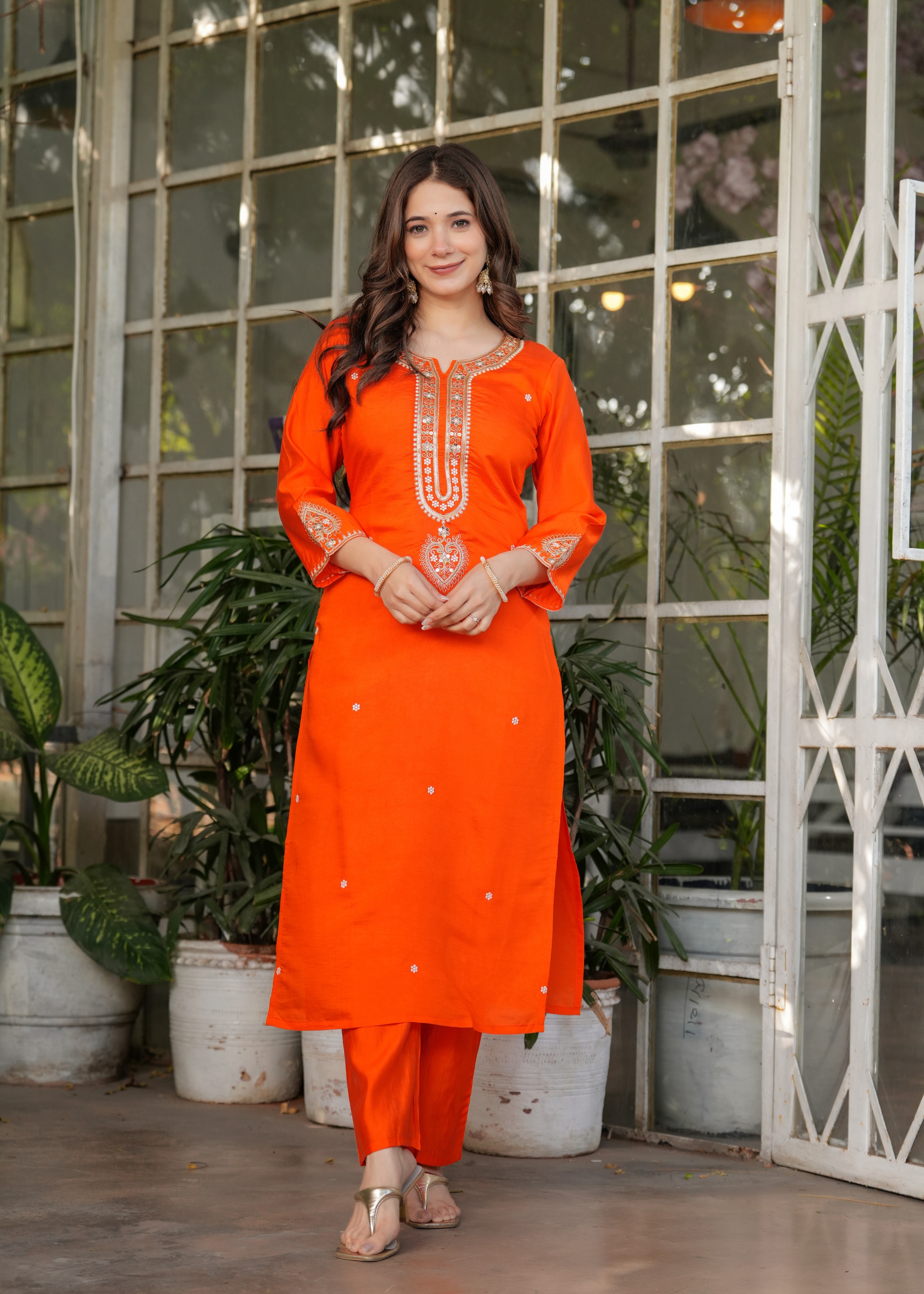 Designer Orange Chanderi Threadwork Kurta Set with Dupatta