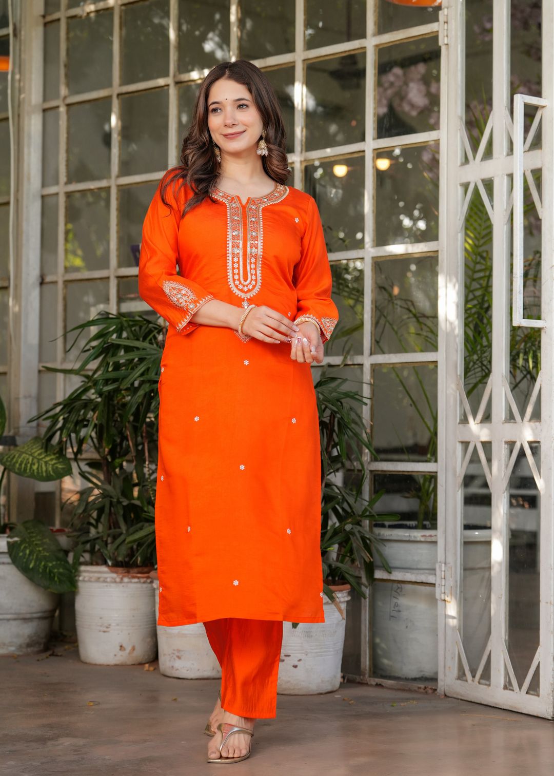 Designer Orange Chanderi Threadwork Kurta Set with Dupatta