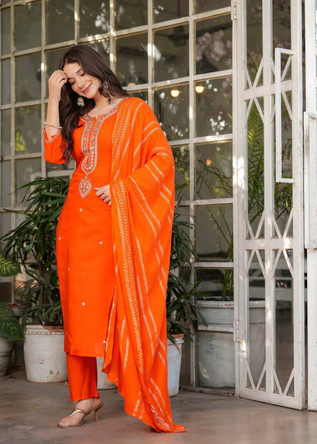 Designer Orange Chanderi Threadwork Kurta Set with Dupatta