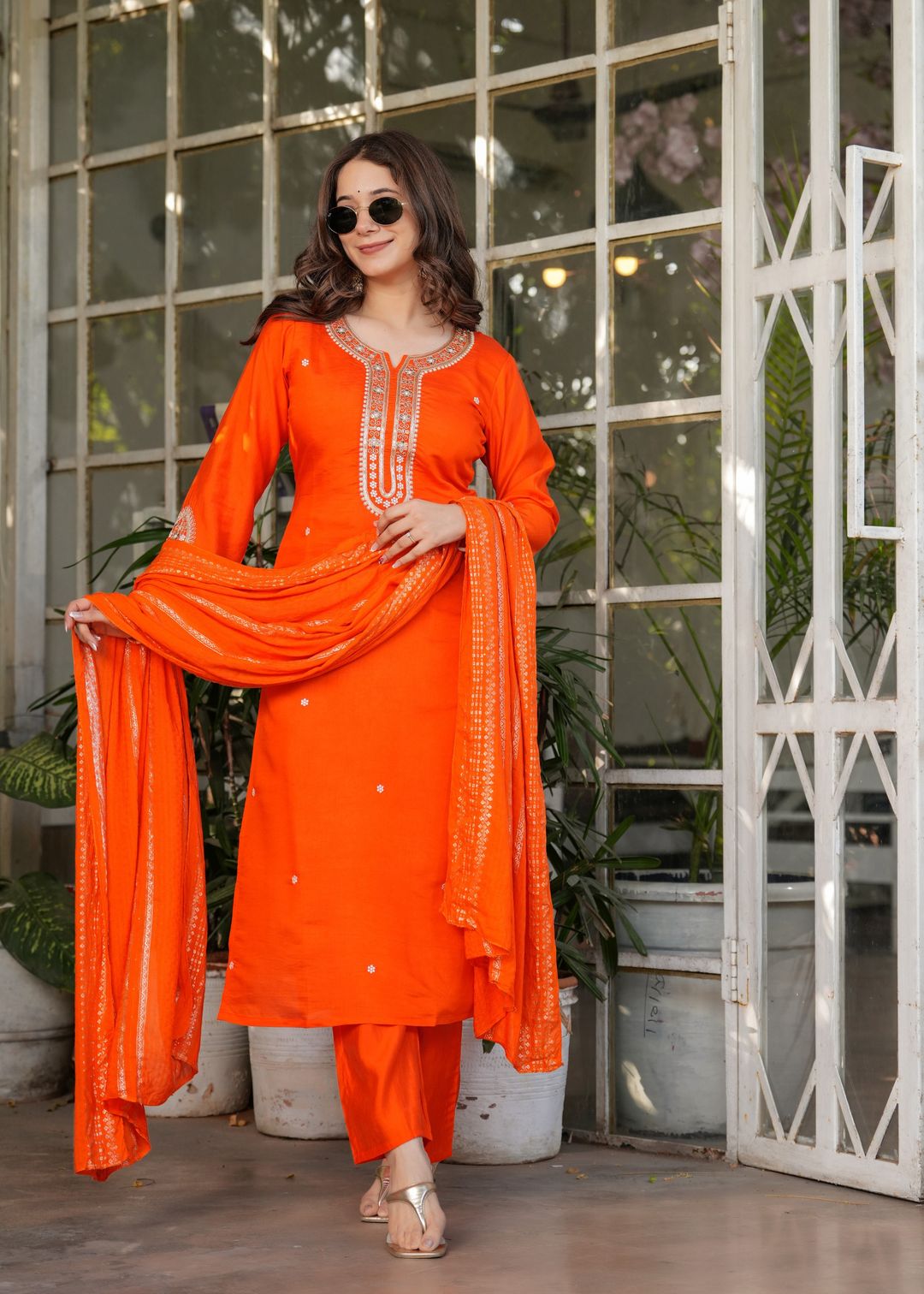 Designer Orange Chanderi Threadwork Kurta Set with Dupatta