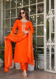 Designer Orange Chanderi Threadwork Kurta Set with Dupatta