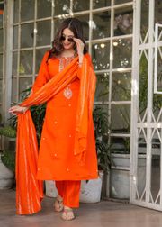 Designer Orange Chanderi Threadwork Kurta Set with Dupatta