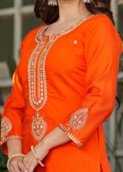 Designer Orange Chanderi Threadwork Kurta Set with Dupatta