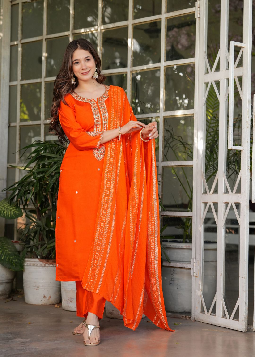 Designer Orange Chanderi Threadwork Kurta Set with Dupatta