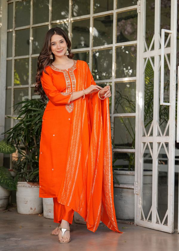 Designer Orange Chanderi Threadwork Kurta Set with Dupatta