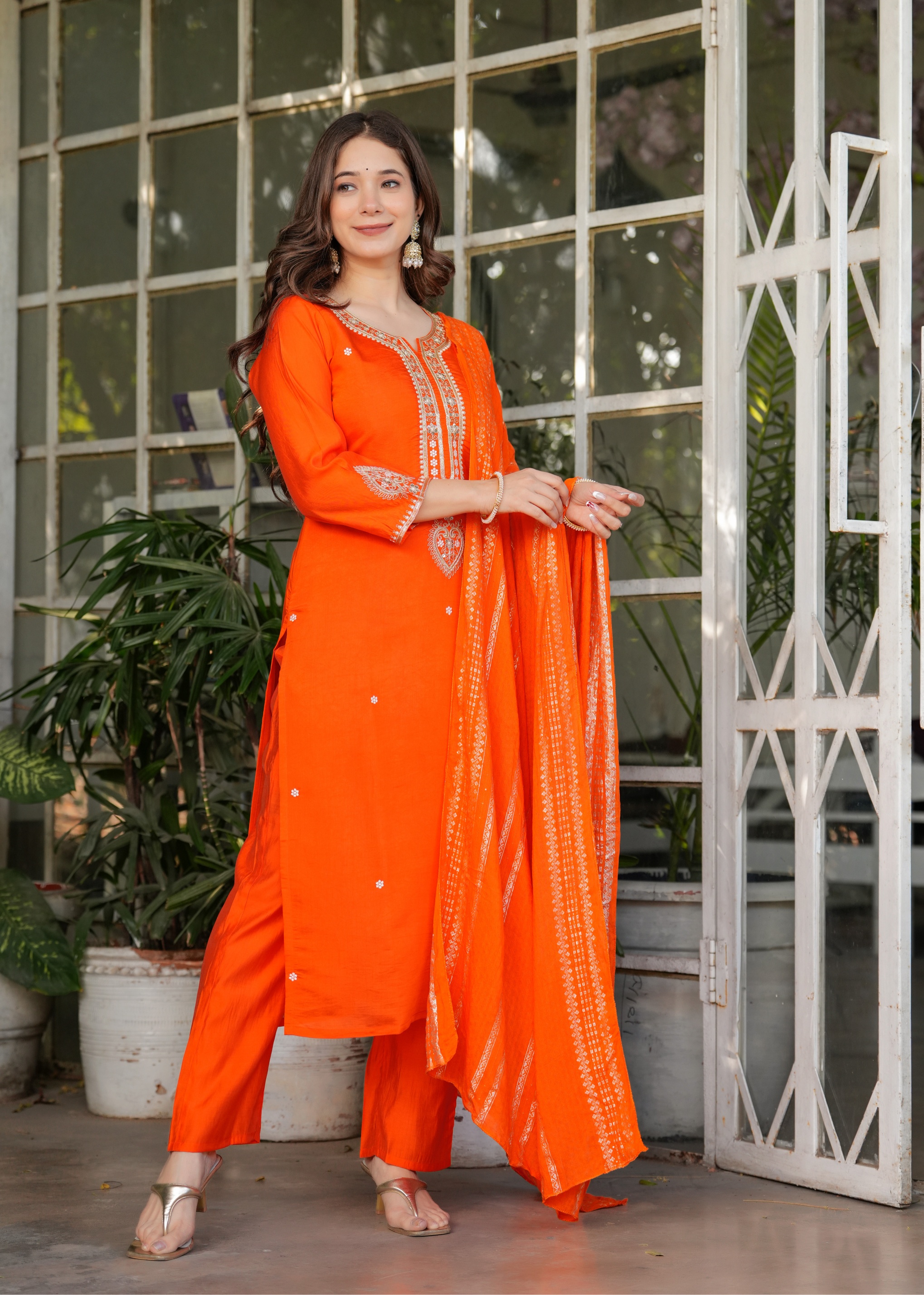 Designer Orange Chanderi Threadwork Kurta Set with Dupatta