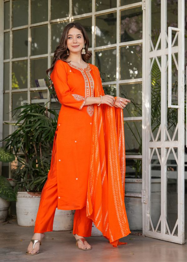 Designer Orange Chanderi Threadwork Kurta Set with Dupatta