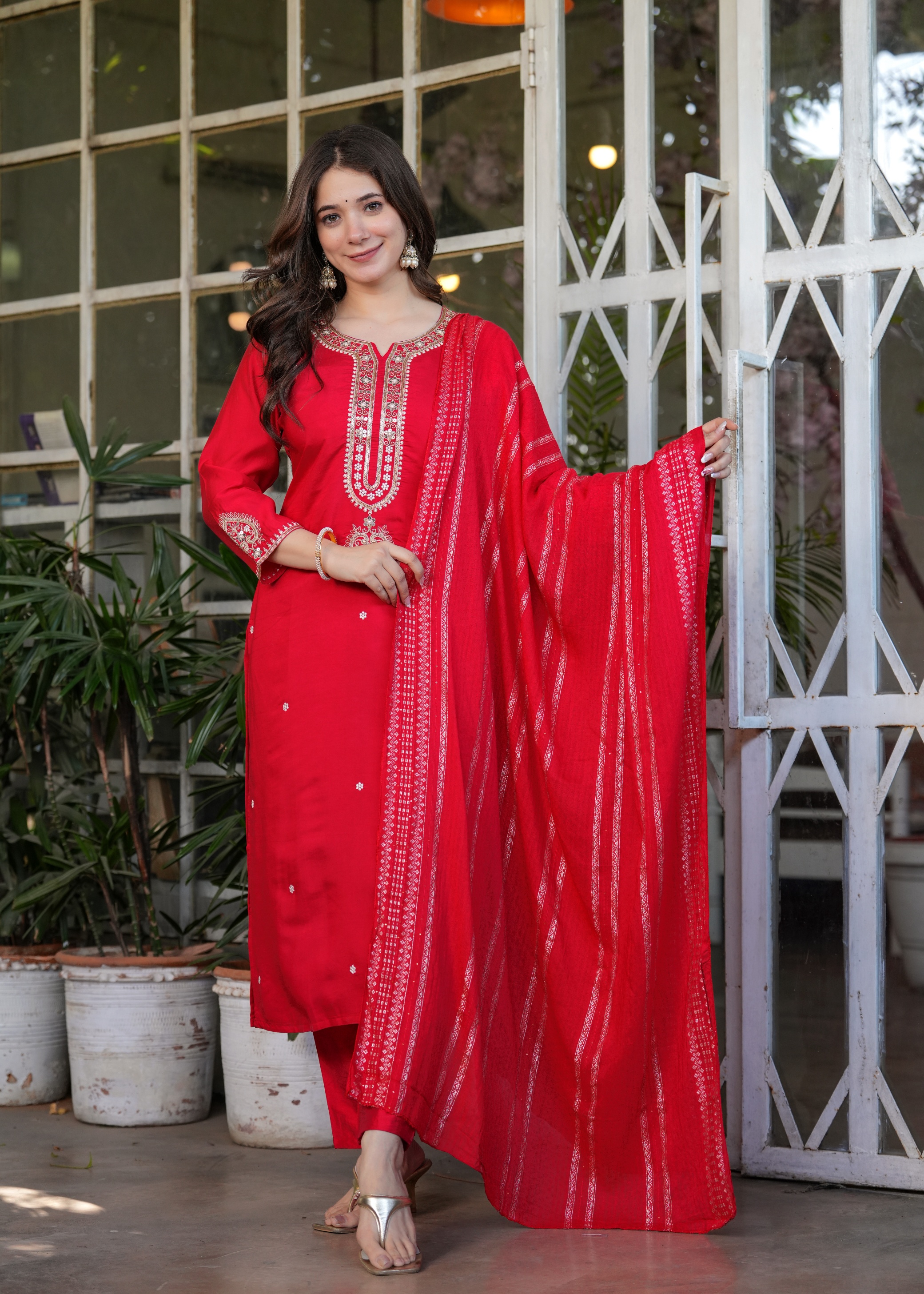 Red Chanderi Threadwork Suit Set for Women