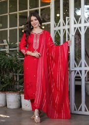 Red Chanderi Threadwork Suit Set for Women