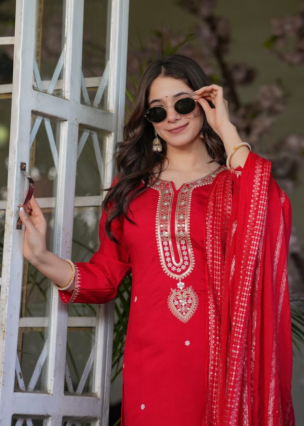 Red Chanderi Threadwork Suit Set for Women