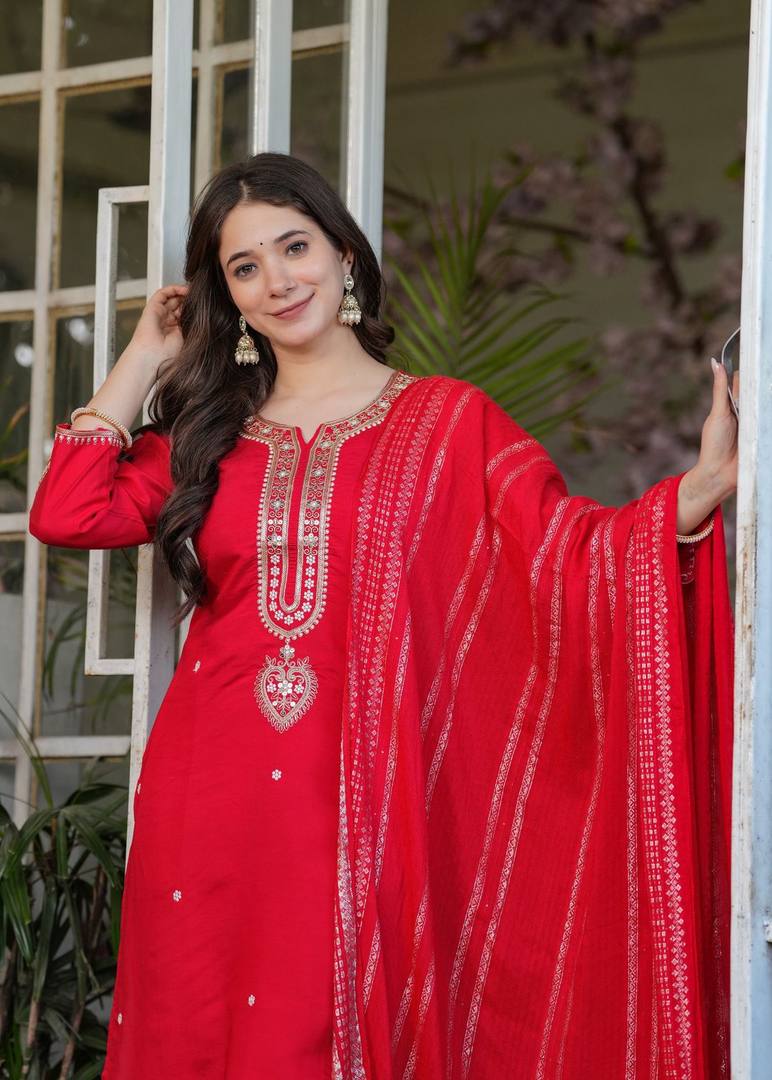 Red Chanderi Threadwork Suit Set for Women