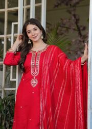 Red Chanderi Threadwork Suit Set for Women