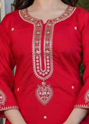 Red Chanderi Threadwork Suit Set for Women