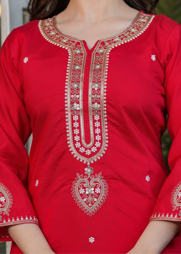 Red Chanderi Threadwork Suit Set for Women