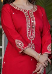 Red Chanderi Threadwork Suit Set for Women