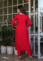 Red Chanderi Threadwork Suit Set for Women