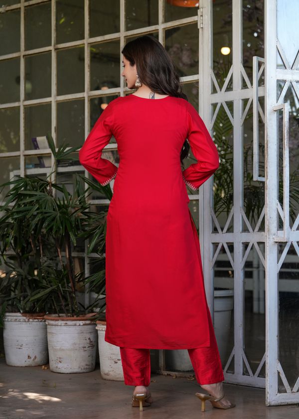 Red Chanderi Threadwork Suit Set for Women