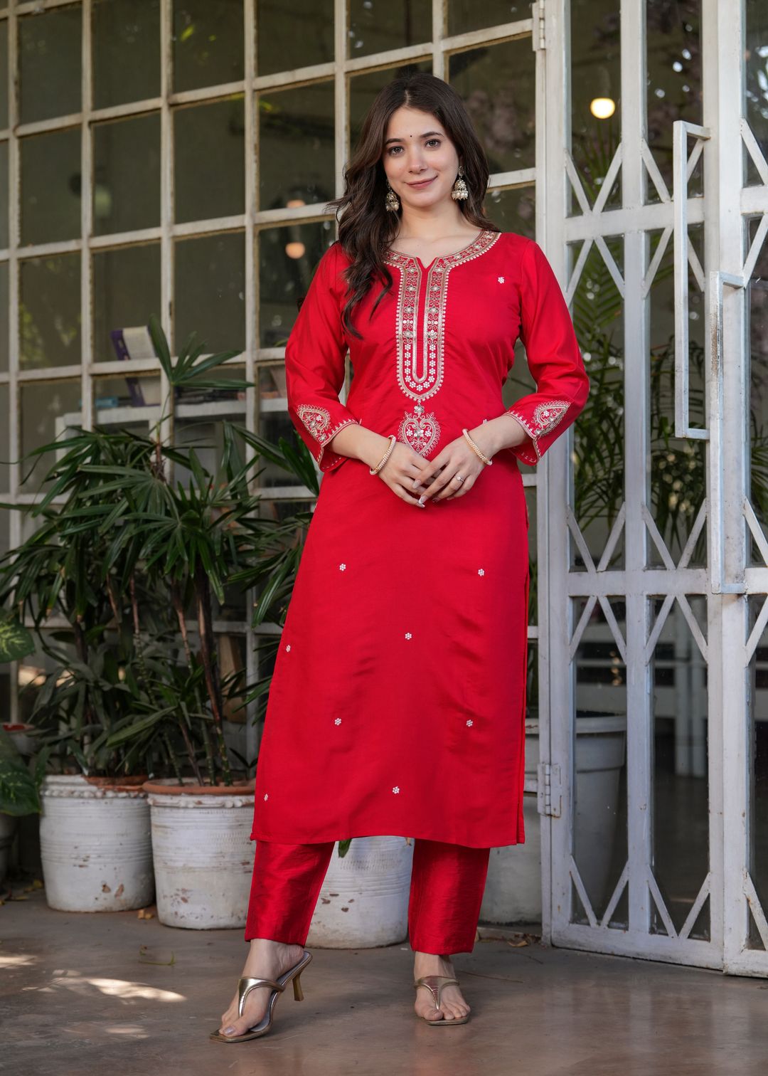 Red Chanderi Threadwork Suit Set for Women