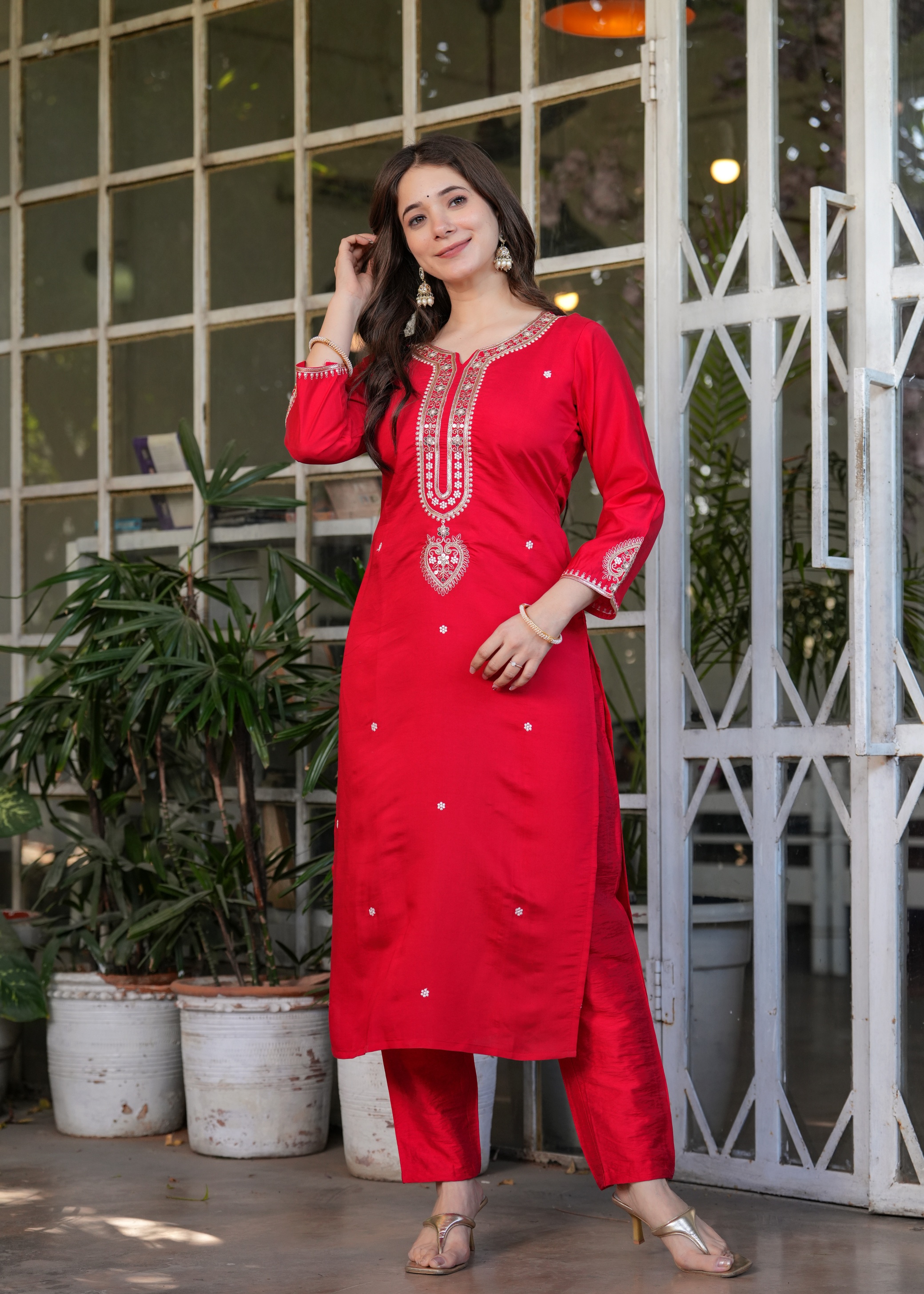 Red Chanderi Threadwork Suit Set for Women