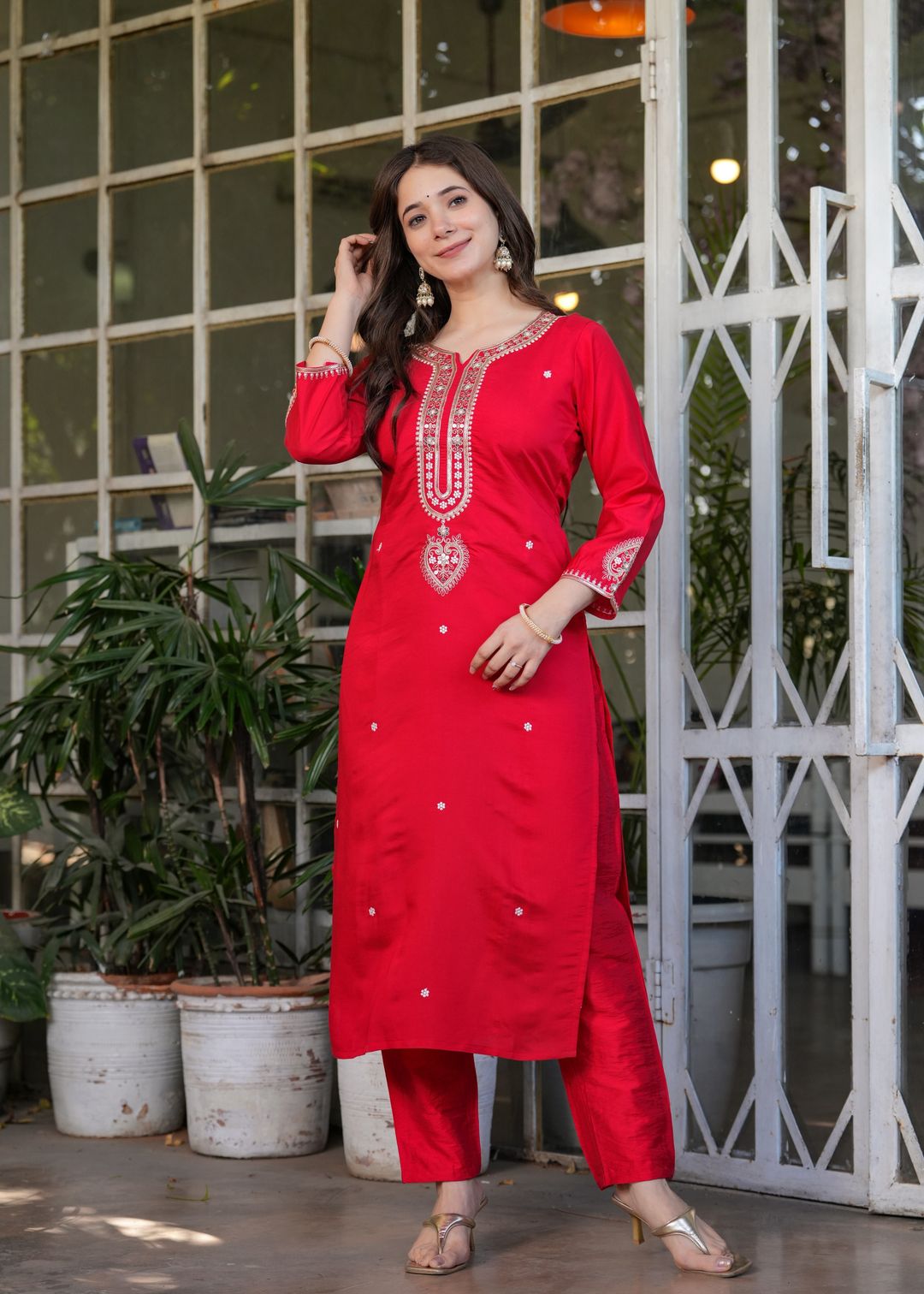Red Chanderi Threadwork Suit Set for Women