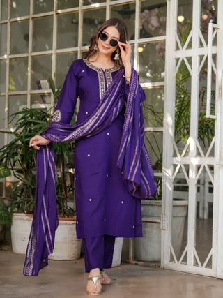 Purple Designer Chanderi Threadwork Kurta Pant Set