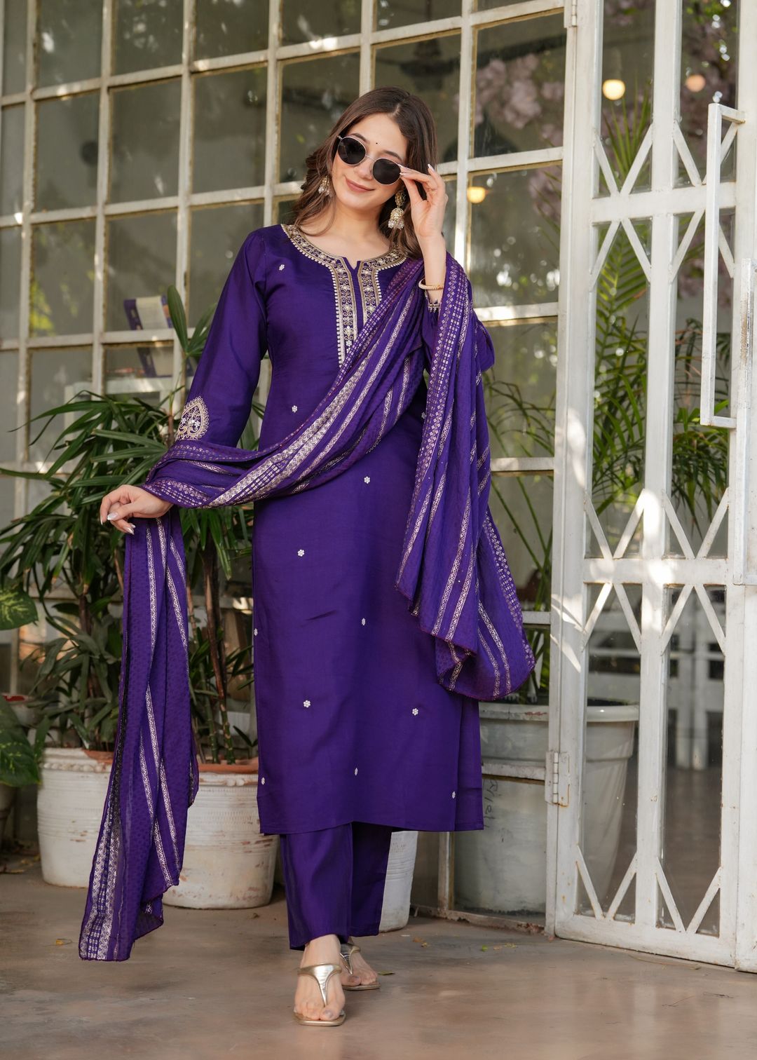 Purple Designer Chanderi Threadwork Kurta Pant Set