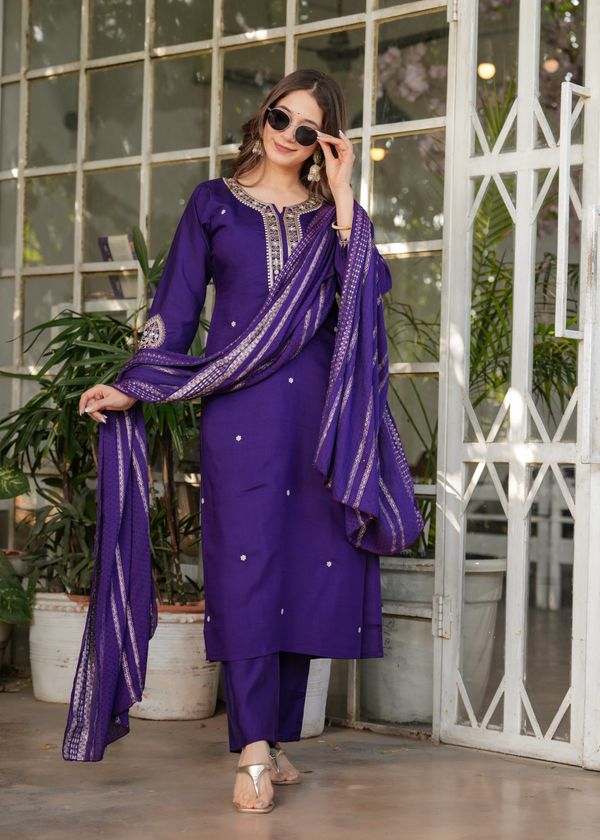 Purple Designer Chanderi Threadwork Kurta Pant Set
