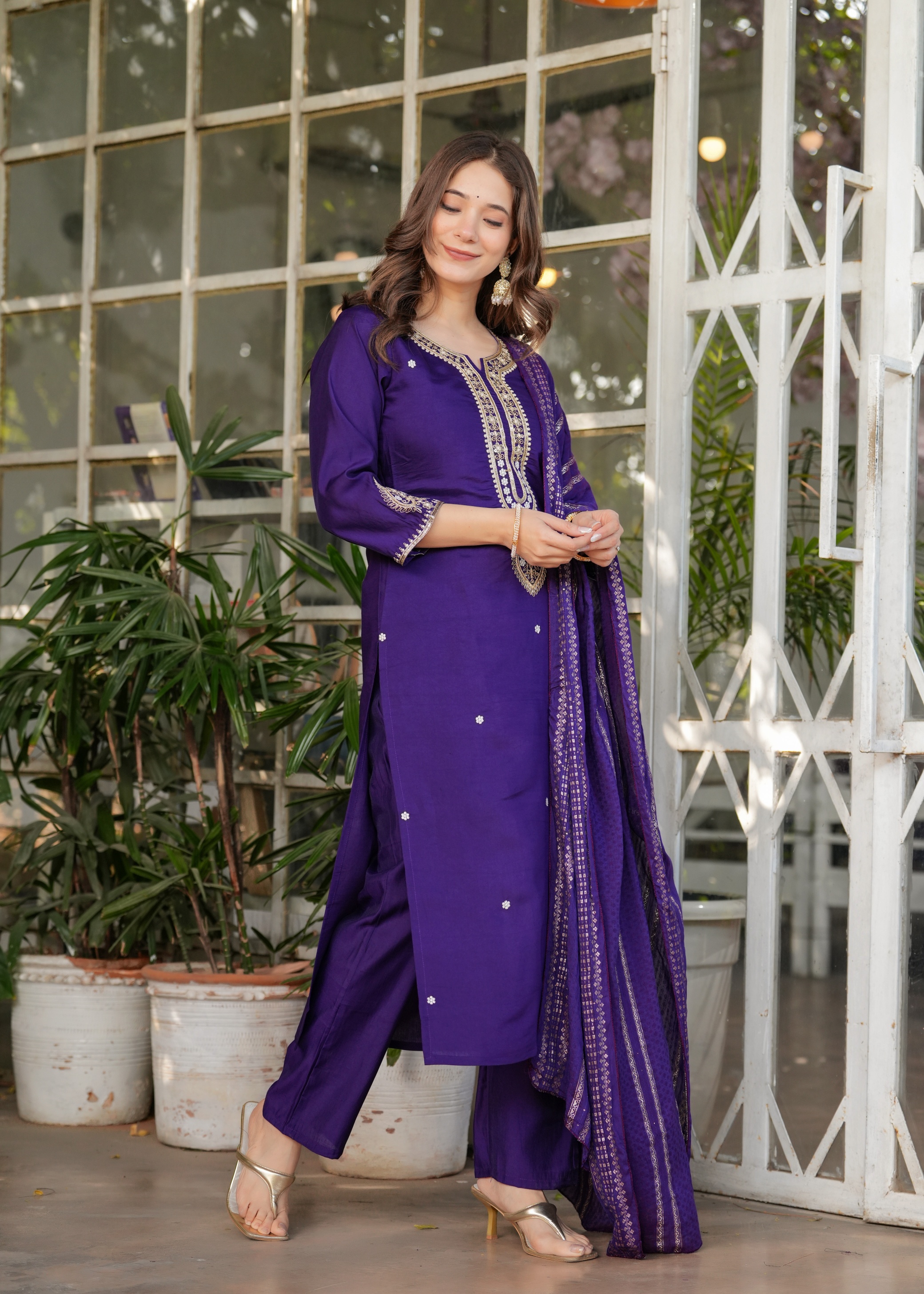 Purple Designer Chanderi Threadwork Kurta Pant Set