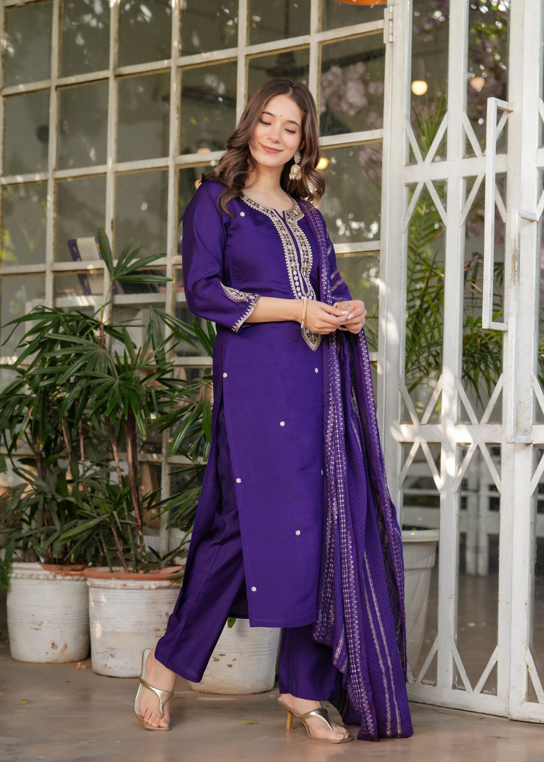 Purple Designer Chanderi Threadwork Kurta Pant Set