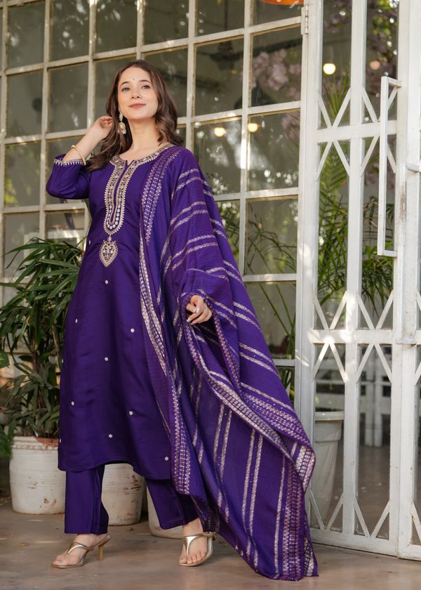 Purple Designer Chanderi Threadwork Kurta Pant Set