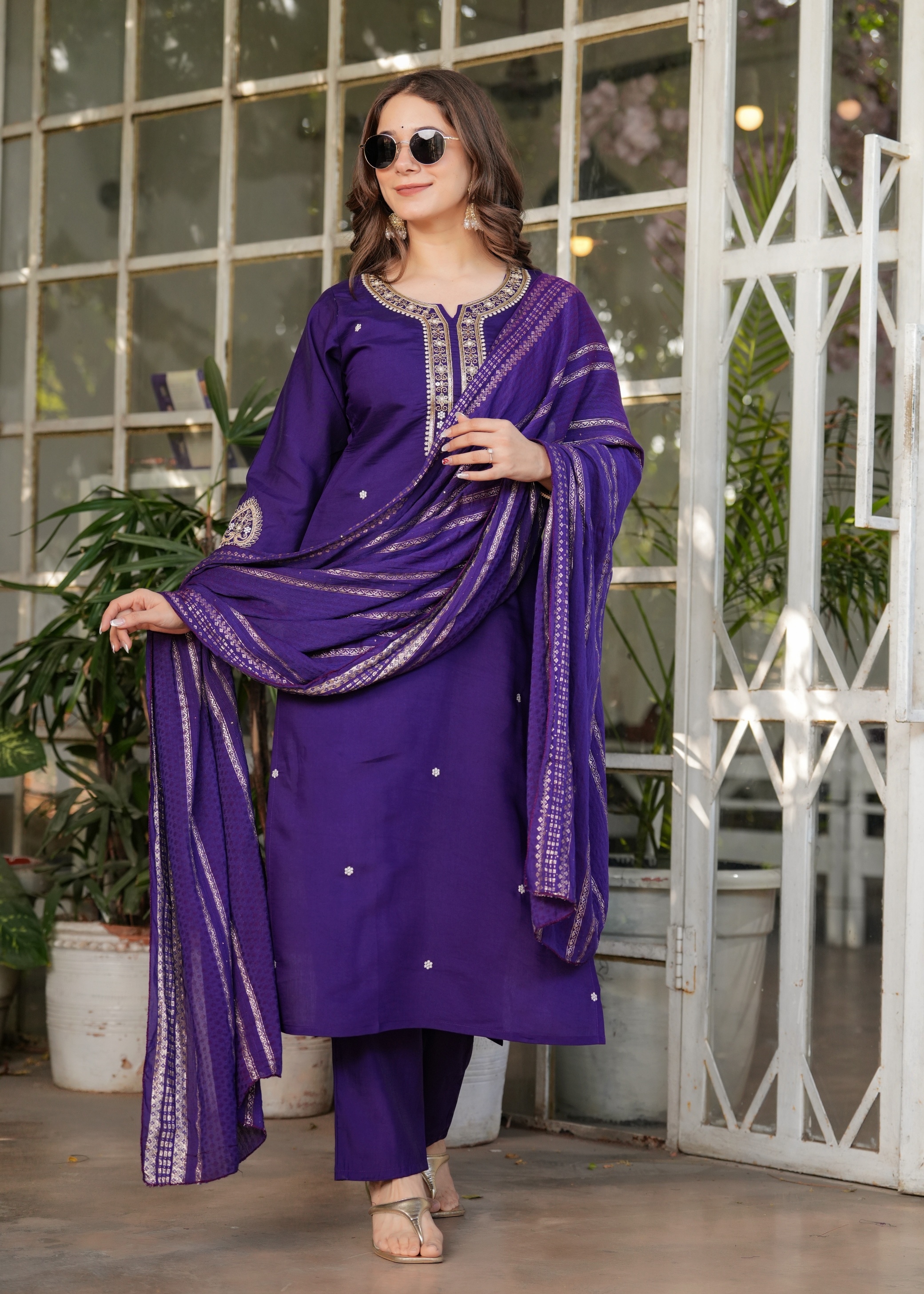 Purple Designer Chanderi Threadwork Kurta Pant Set