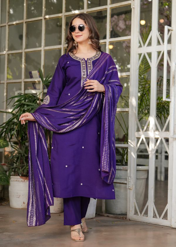 Purple Designer Chanderi Threadwork Kurta Pant Set
