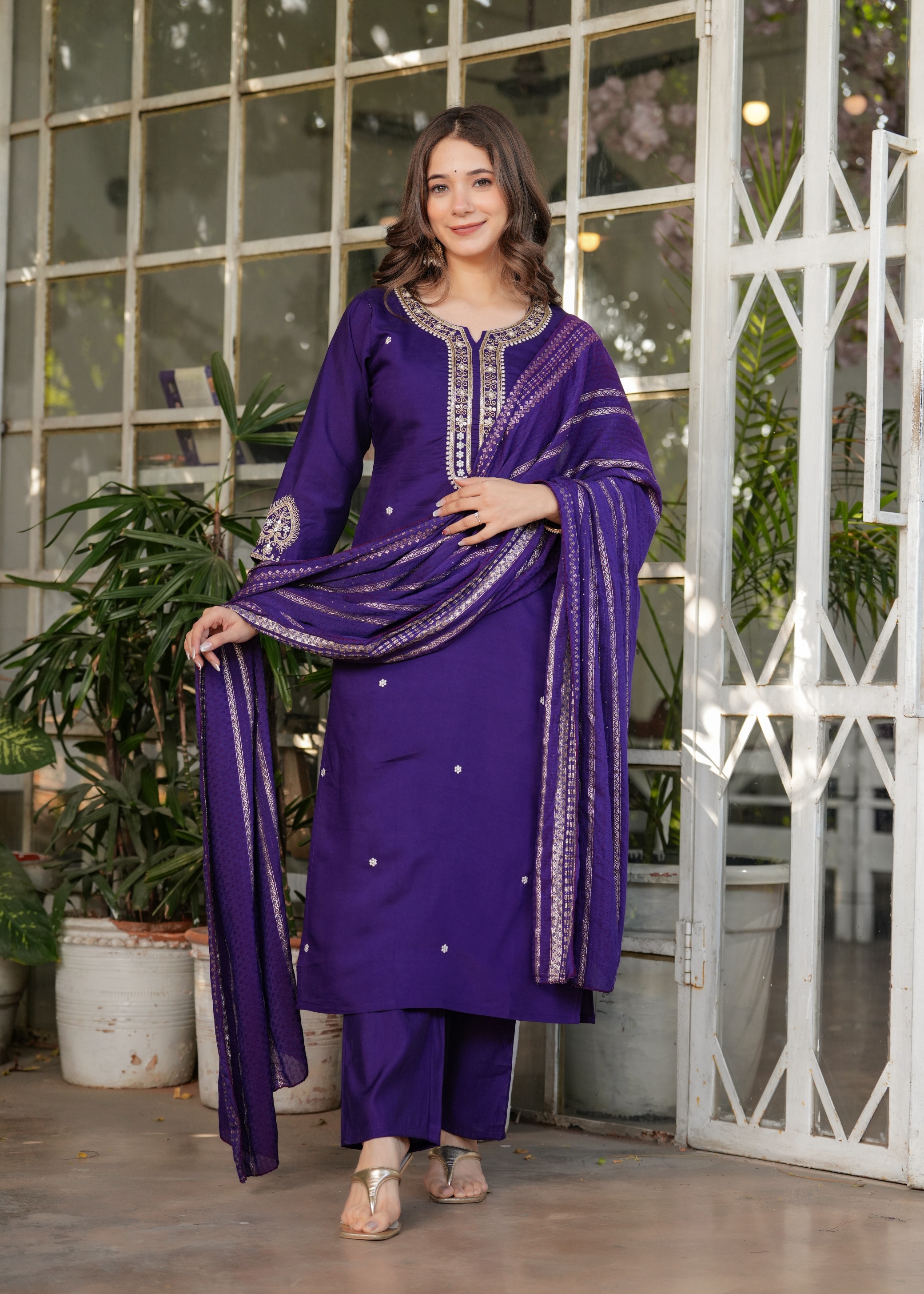 Purple Designer Chanderi Threadwork Kurta Pant Set
