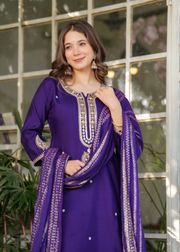 Purple Designer Chanderi Threadwork Kurta Pant Set