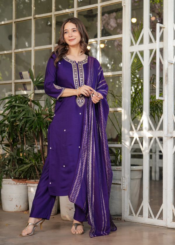 Purple Designer Chanderi Threadwork Kurta Pant Set
