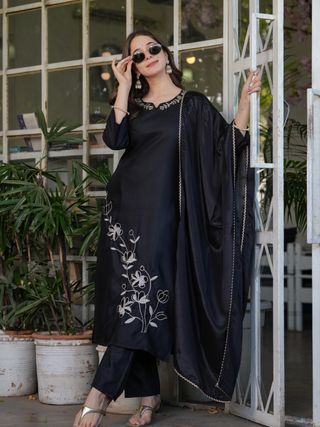 Black Designer Threadwork Suit with Chinon Dupatta