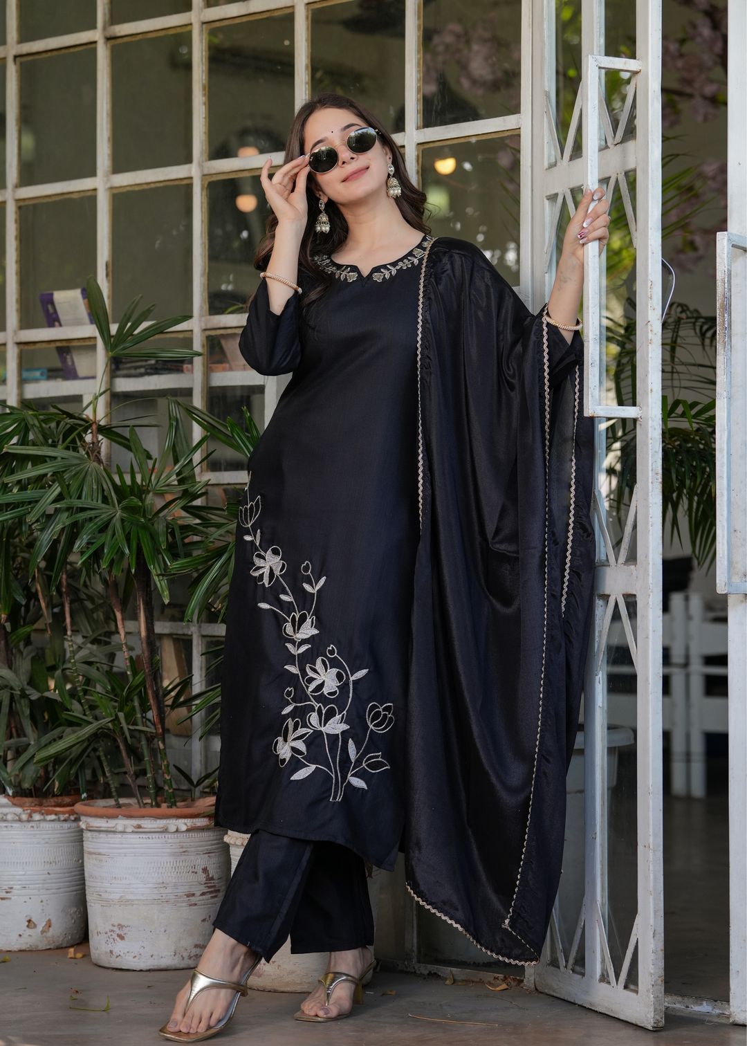 Black Designer Threadwork Suit with Chinon Dupatta
