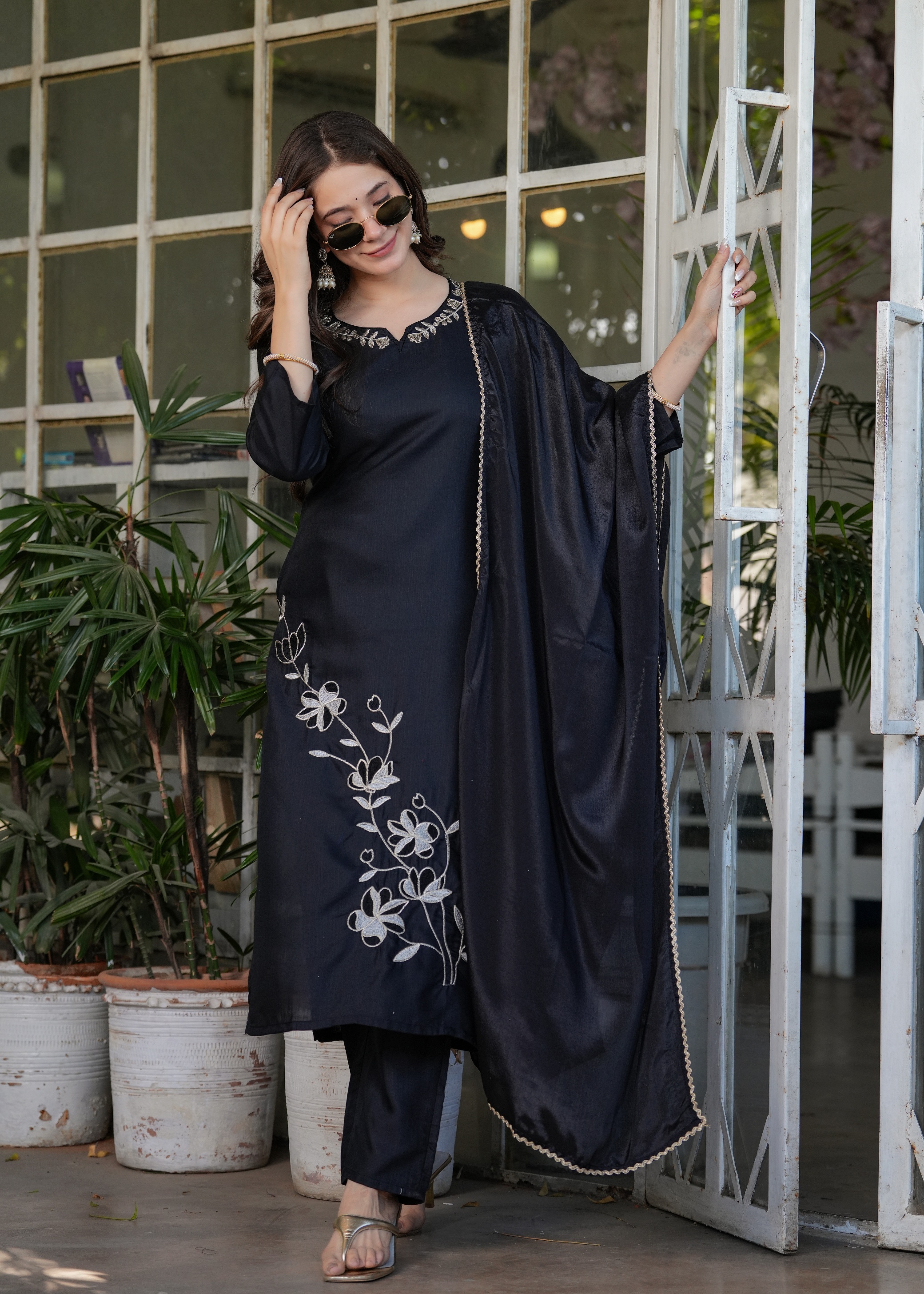 Black Designer Threadwork Suit with Chinon Dupatta