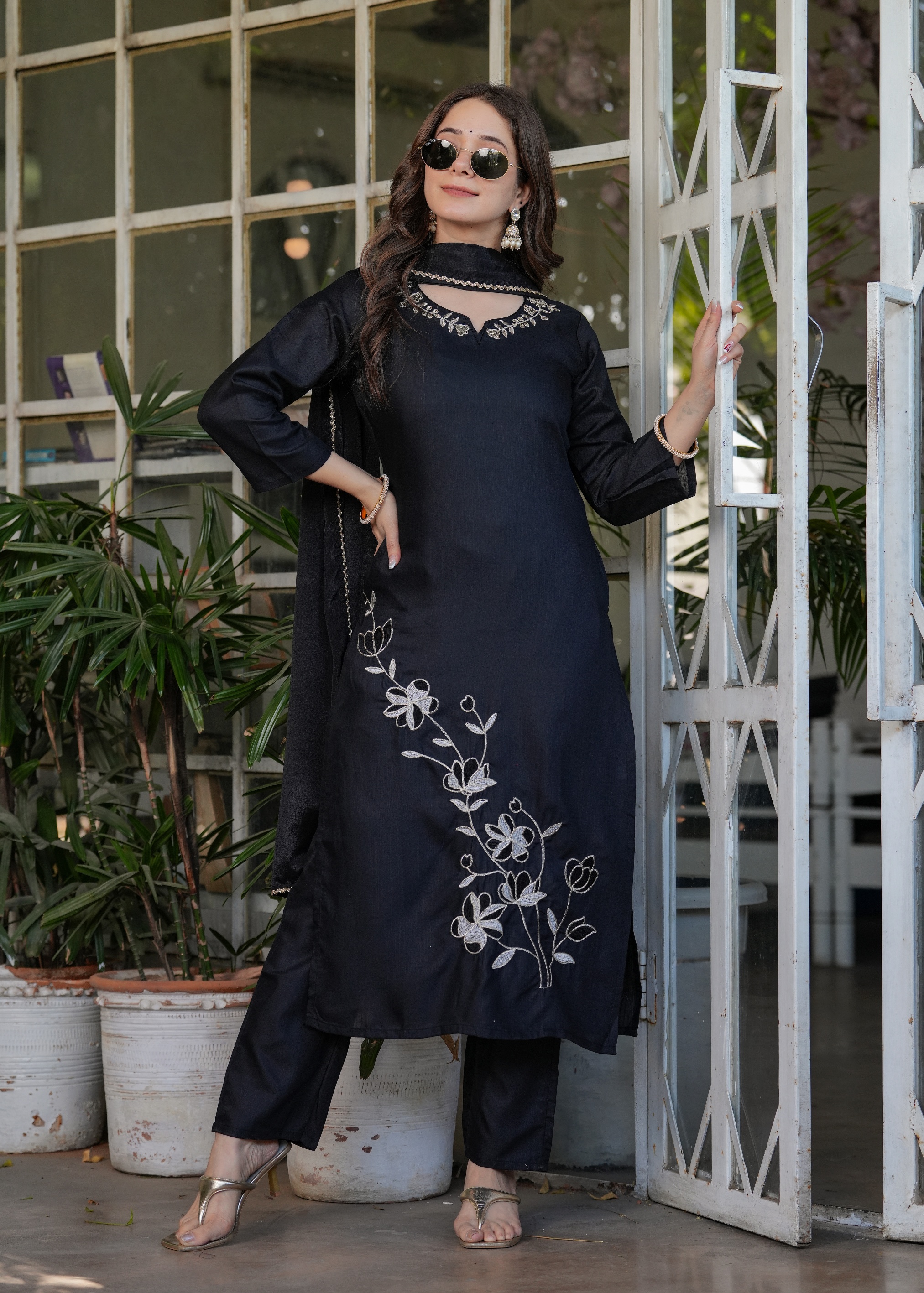 Black Designer Threadwork Suit with Chinon Dupatta