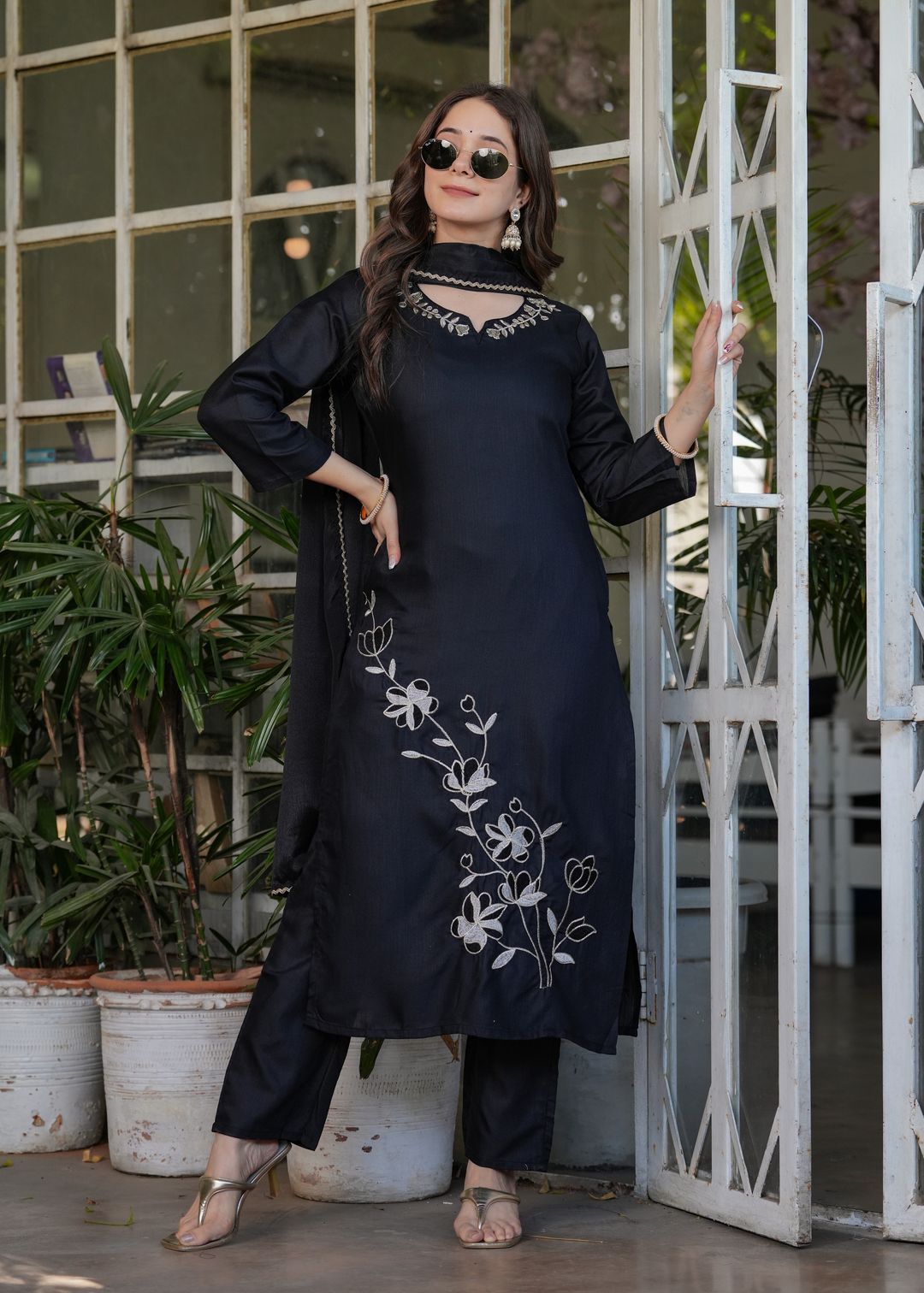 Black Designer Threadwork Suit with Chinon Dupatta
