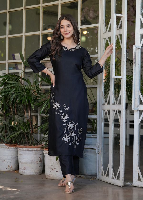 Black Designer Threadwork Suit with Chinon Dupatta
