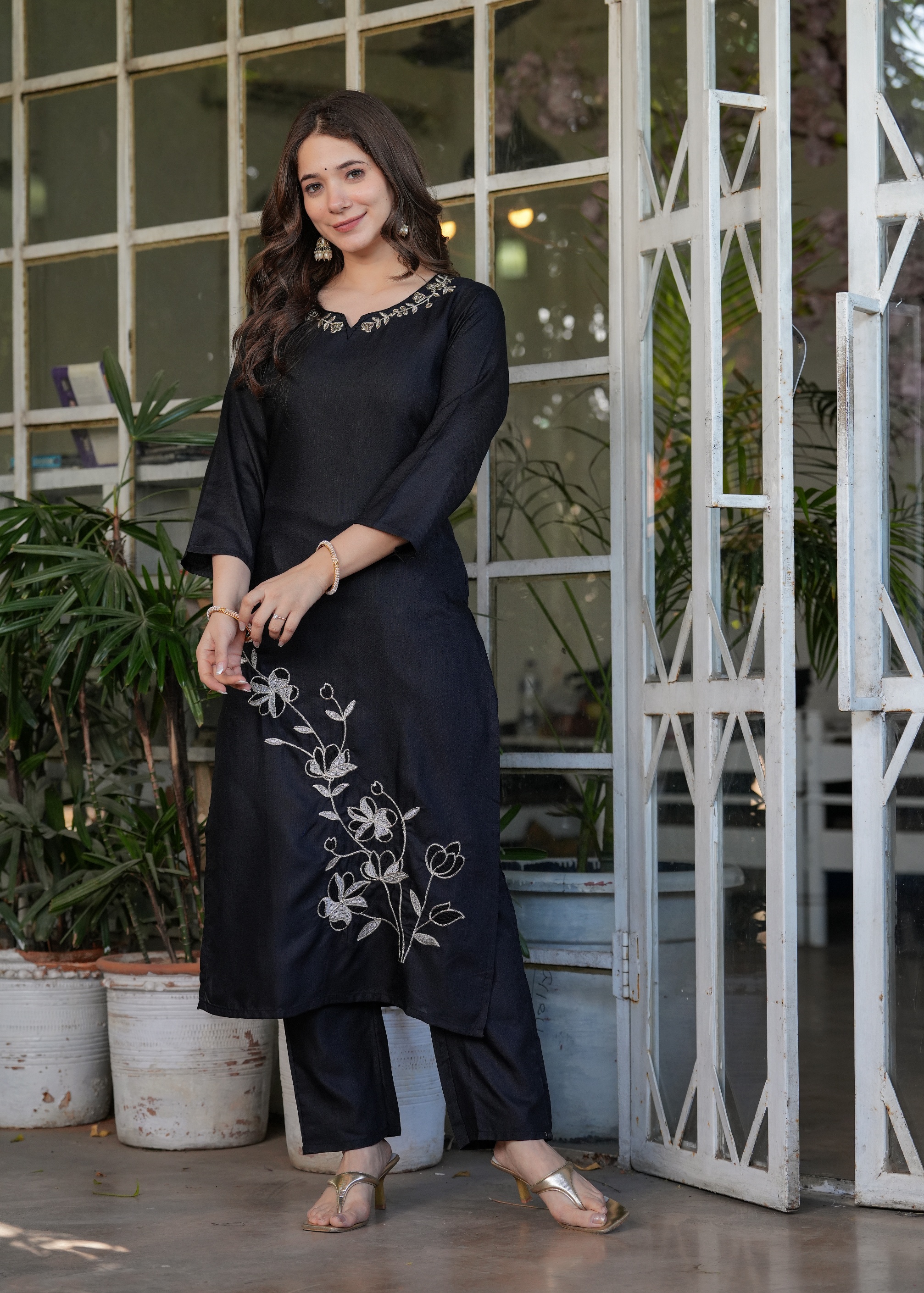 Black Designer Threadwork Suit with Chinon Dupatta