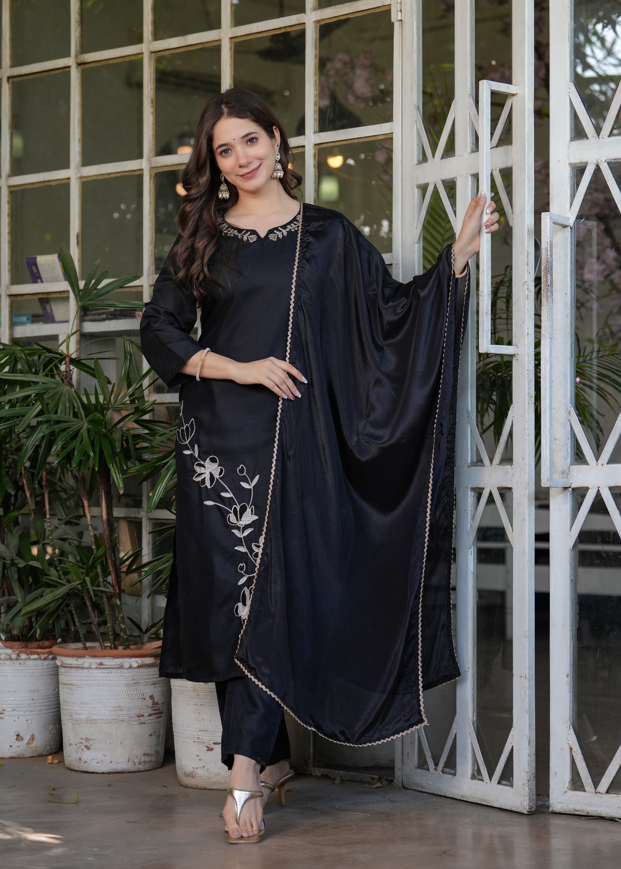Black Designer Threadwork Suit with Chinon Dupatta