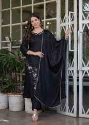 Black Designer Threadwork Suit with Chinon Dupatta