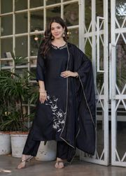 Black Designer Threadwork Suit with Chinon Dupatta