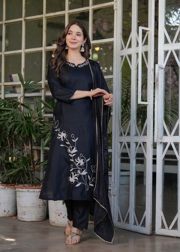 Black Designer Threadwork Suit with Chinon Dupatta