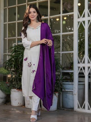 White Designer Threadwork Suit with Chinon Dupatta