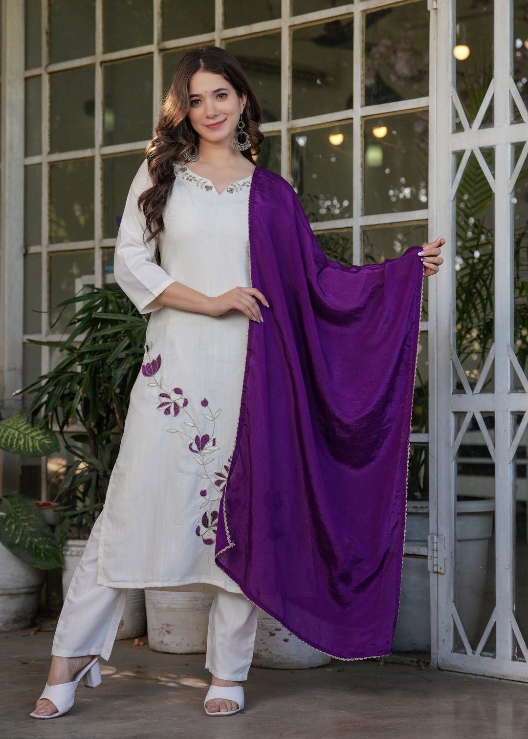 White Designer Threadwork Suit with Chinon Dupatta